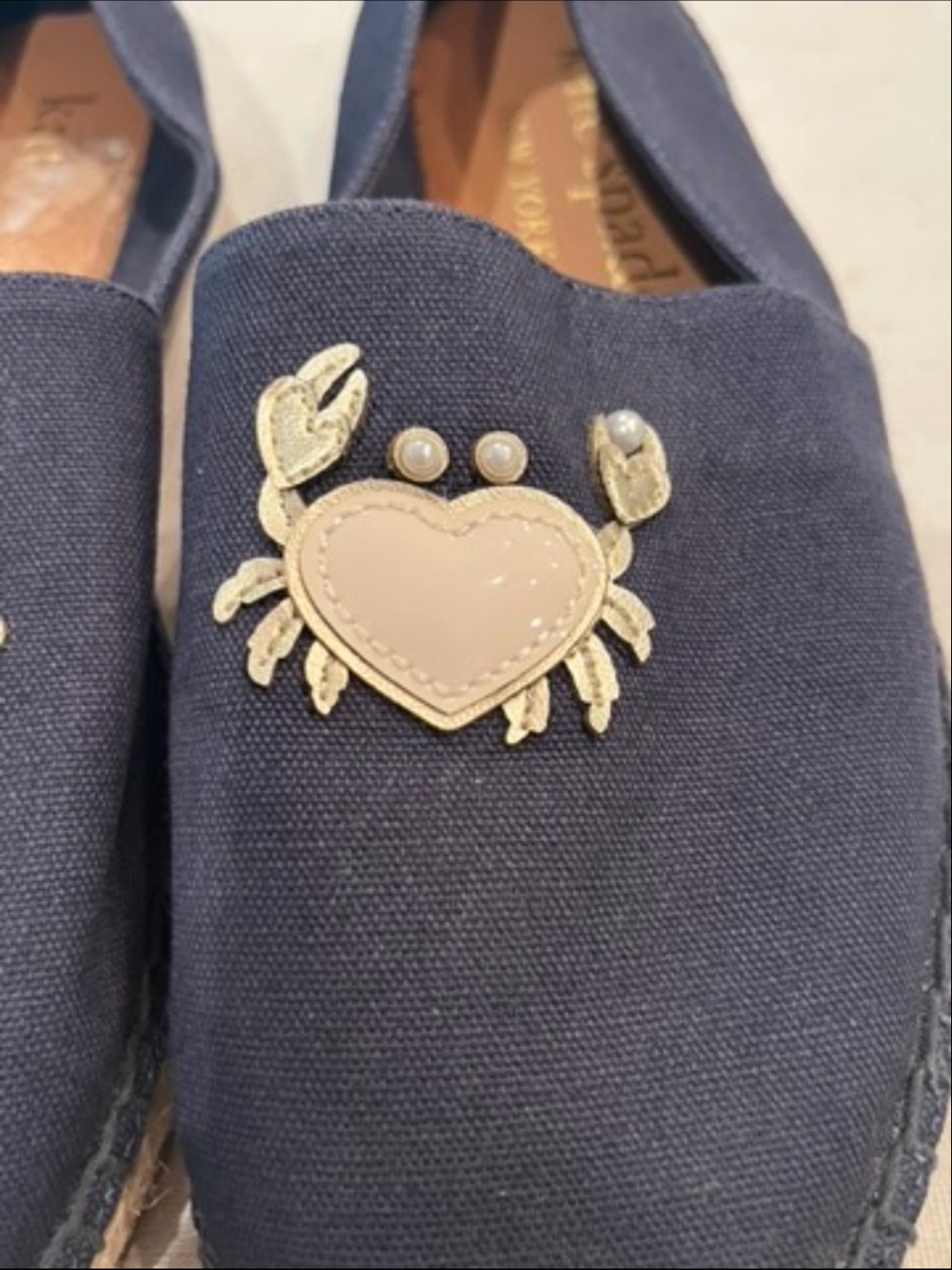 Kate Spade Navy Canvas Espadrilles with Heart Crab Accent patches. GUC! - Picture 2 of 6